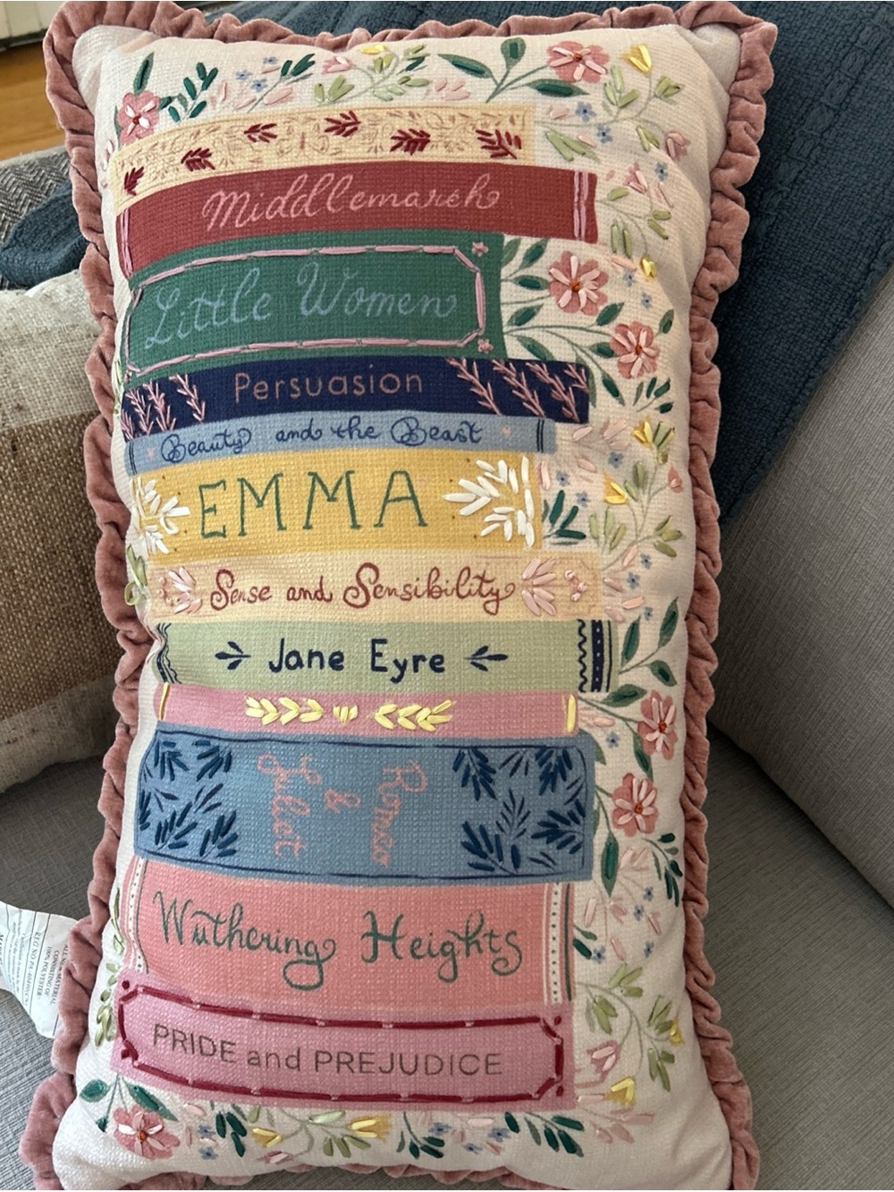 Throw Pillow Jane Austen Sensibility Books Shabby Pink Floral Embroidered Work
